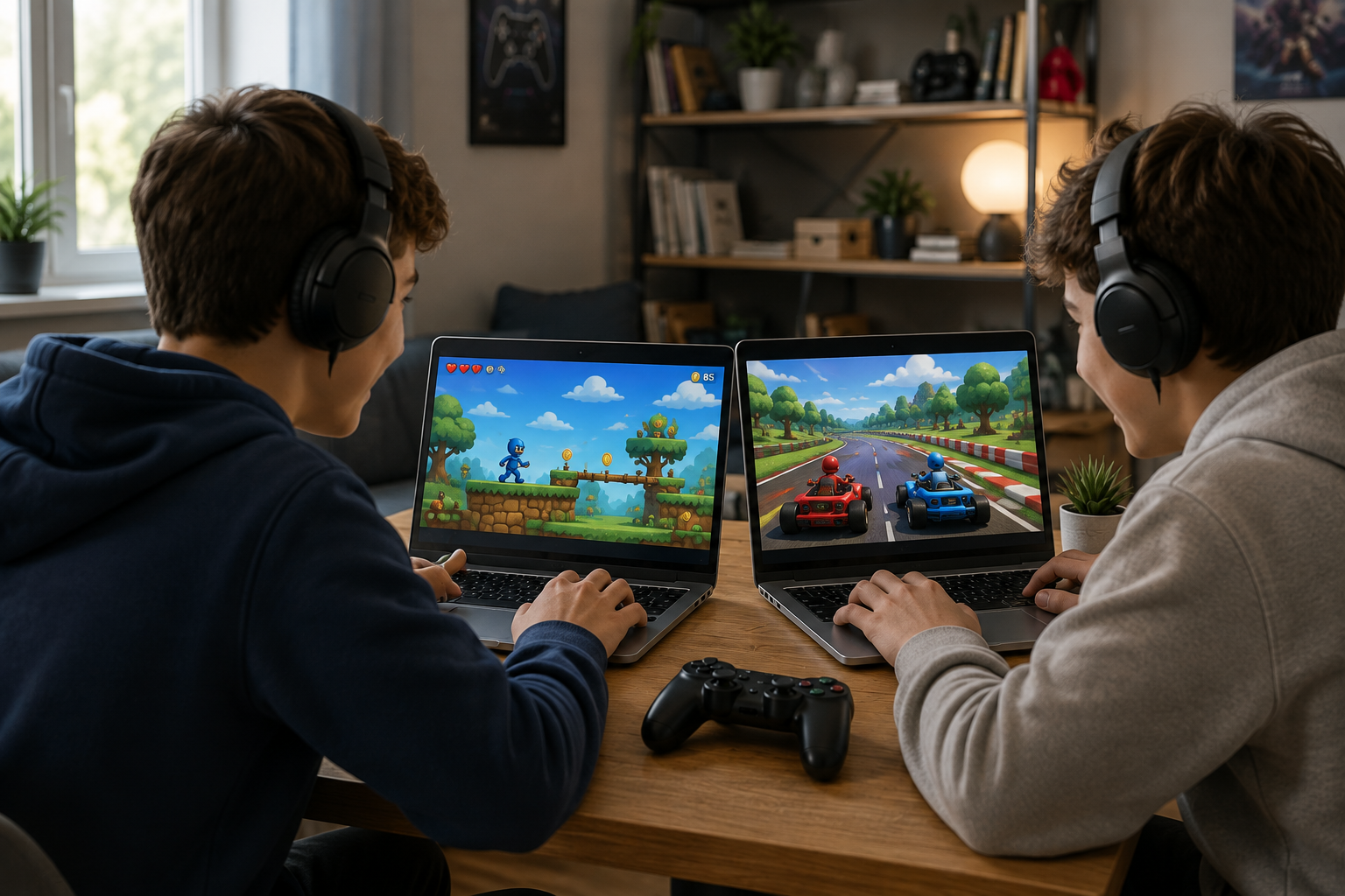 Two friends playing browser games together on laptops