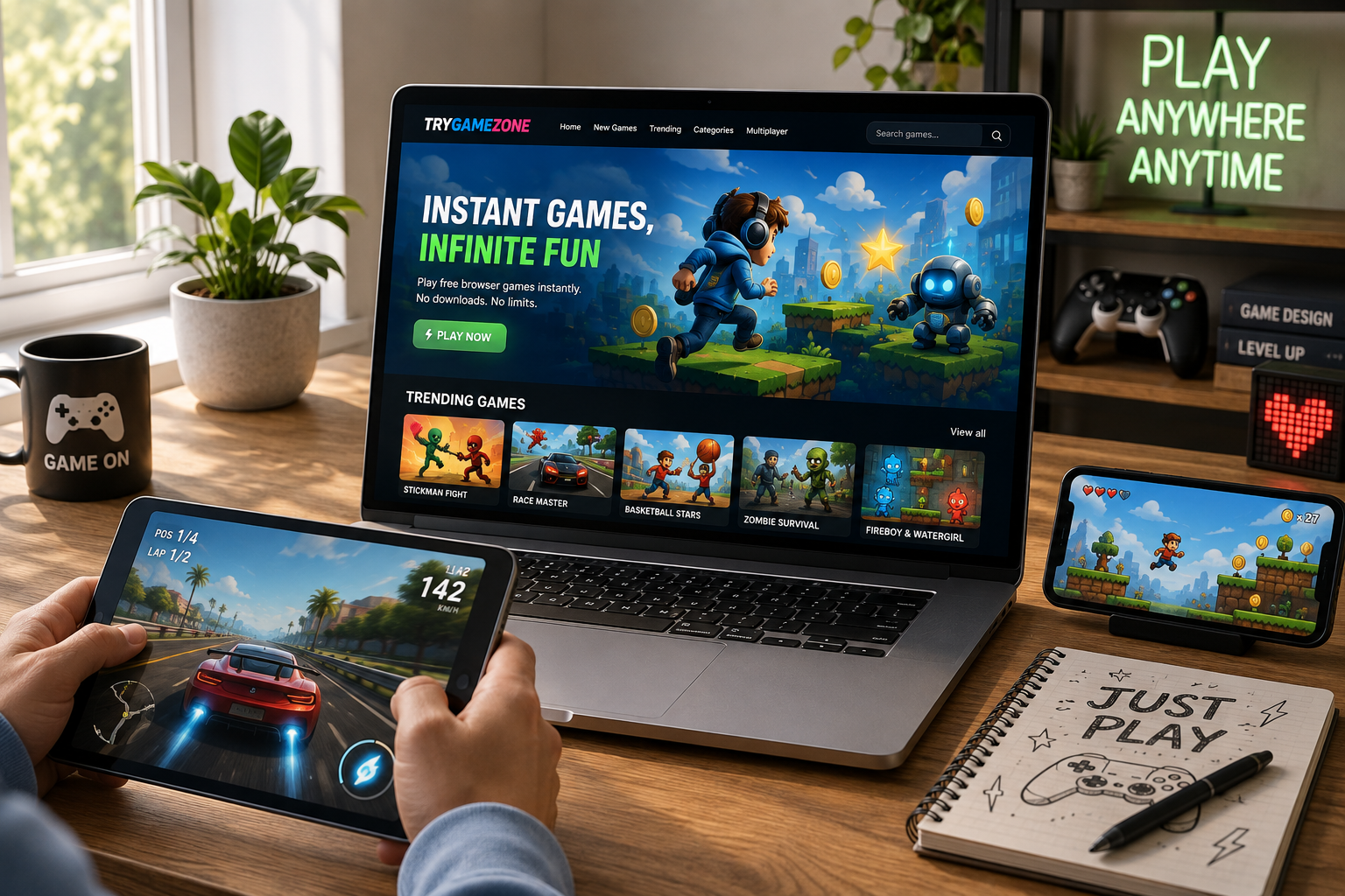 Laptop, tablet, and smartphone showing instant browser games in a modern gaming setup
